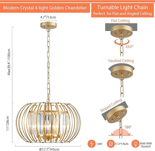 Modern Chandelier for Dining Room 17.7" Gold Crystal Pendant Lighting Fixture Rustic Round Metal Shade Hanging Ceiling 4-Light for Living Room Bedroom Kitchen Island Hallway