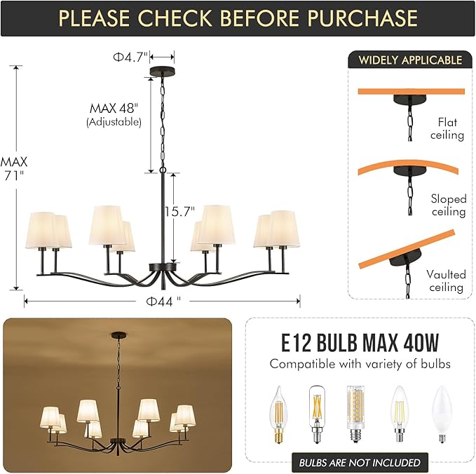 8 Light Black Chandelier with White Linen Shade 44'' Fabric Dining Room Chandeliers Over Table Transitional Living Room Chandeliers for Master Bedroom Entry Hanging Light Fixture Home Office Kitchen