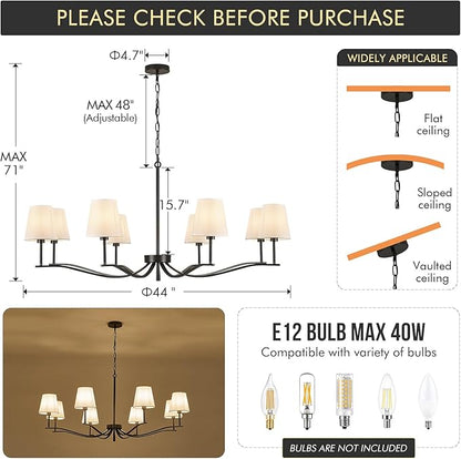 8 Light Black Chandelier with White Linen Shade 44'' Fabric Dining Room Chandeliers Over Table Transitional Living Room Chandeliers for Master Bedroom Entry Hanging Light Fixture Home Office Kitchen