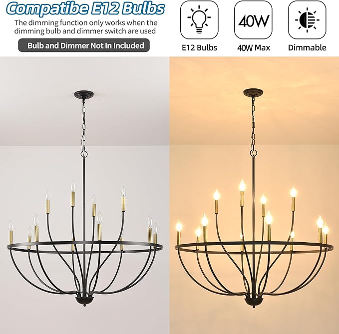 Modern Farmhouse Chandelier for Dining Room 12 Lights,32in Industrial Black and Gold Lighting Fixture, Candle Pendant Light for Kitchen Island High Ceilings Living Room Hallway Entryway Foyer