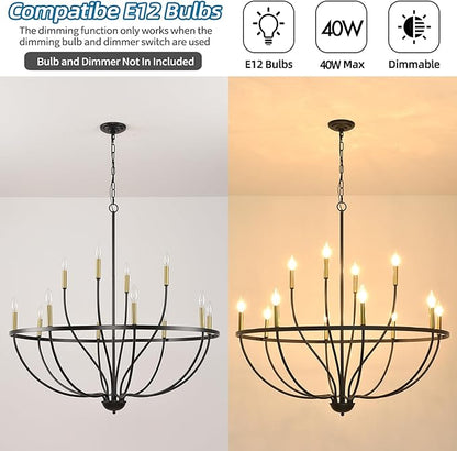 Modern Farmhouse Chandelier for Dining Room 12 Lights,32in Industrial Black and Gold Lighting Fixture, Candle Pendant Light for Kitchen Island High Ceilings Living Room Hallway Entryway Foyer