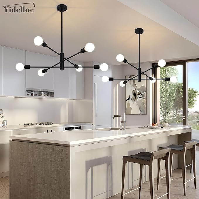 6 Lights Black Sputnik Chandeliers Modern Light Fixtures, Mid Century Chandelier Adjustable Length Pendant Light for Dining Room, Bedroom, Living Room, Kitchen, Farmhouse