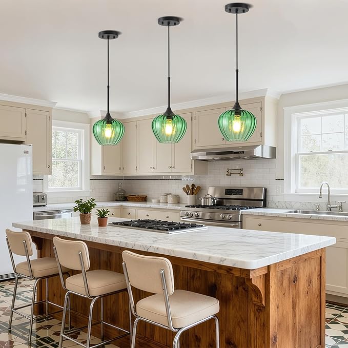 2Pack Green Glass Pendant Light, Vintage Glass Pendant Lighting Small Green Ceiling Hanging Lights for Kitchen Island Dining Room Restaurant Bar Bedroom