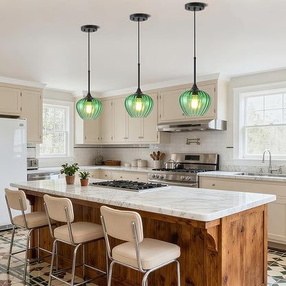 2Pack Green Glass Pendant Light, Vintage Glass Pendant Lighting Small Green Ceiling Hanging Lights for Kitchen Island Dining Room Restaurant Bar Bedroom