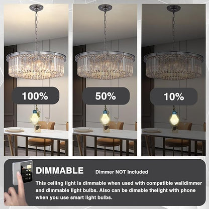 9Lights Crystal Chandelier Modern Chandeliers Lighting Pendant Ceiling Light Fixture 3-Tier for Dining Room Living Room Bedroom, Chrome Finished W24''