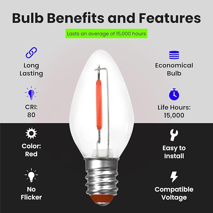 Feit Electric BPC7/R/LEDG2/2/6 0.6W 7W Equivalent Candelabra Base Christmas Holiday Decorative LED C7 Light Bulb, 2.15" H x 1" D, Red, 12 Count