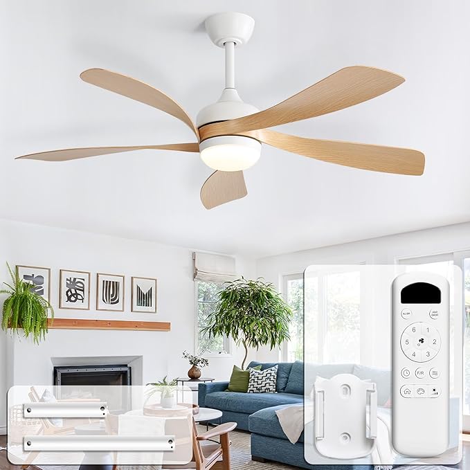 CACI Mall 52 Inch Ceiling Fans with Lights and Remote, modern, Outdoor ceiling fan with 6-Speed, 5 Blades, 2 Downrods, 3 CCT, Timer, Quiet Reversible DC Motor for Living Room, Bedroom, Patios