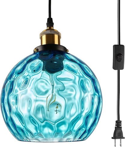Blue Globe Glass Plug in Pendant Light Mid Century Modern Hanging Ceiling Light Fixture 14.75FT Black Chandelier Lighting for Bedroom Living Room Dining Room