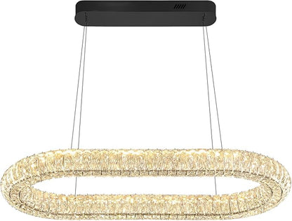 LED Crystal Ring Chandelier, 40'' Black Crystal Ring Pendant Light for Kitchen Island Modern Linear Oval Chandeliers for Dining Room Dimmable 3000K-6000K