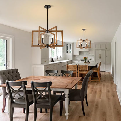 21.6" Farmhouse Chandelier, 6-Light Modern Geometric Dining Room Chandelier, Rustic Foyer Lighting Fixtures, Wood Grain Pendant Lights for Living Room, Dining Room, Bedroom, Kitchen Island, Entryway