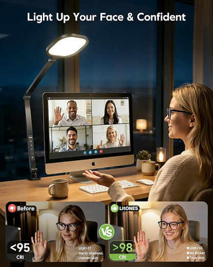 LitONES Desk Lamp with Clamp for Home Office, Advanced Eye-Caring Zoom Lighting for Video Calls with 2000LM, 15W, CRI >97.8, 3 Colors & 10 Brightness, Remoted Desk Light with Memory & Timer