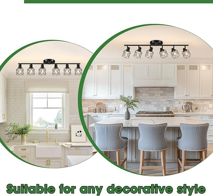 Baocuz 6-Lights Black Semi Flush Mount Ceiling Light, Multi-Directional Ceiling Light Fixtures, Rotatable Kitchen Track Lighting Fixtures with Wire Cages for Living Room, Dining Table, Foyer