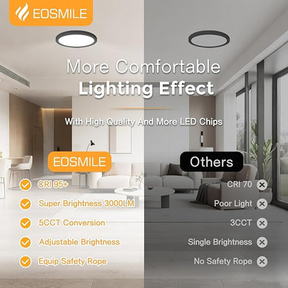 4Pack 12 Inch LED Flush Mount Ceiling Light, 25W, 3000LM, CRI 95+, 2700K-5000K 5CCT & Dimmable, Black Round Surface Flat Panel Light for Hallway, Kitchen, Bedroom, Laundry Room