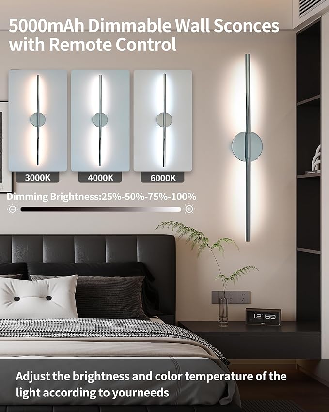Wireless Wall Sconces Set of 2 ，28Inch Battery Operated Wall Lights with Remote Control，360°Rotate Dimmable led Wall Lamp for Living Room and Hallway (Chrome)