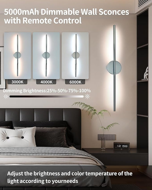 Wireless Wall Sconces Set of 2 ，28Inch Battery Operated Wall Lights with Remote Control，360°Rotate Dimmable led Wall Lamp for Living Room and Hallway (Chrome)