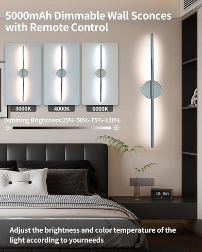 Wireless Wall Sconces Set of 2 ，20Inch Battery Operated Wall Lights with Remote Control，360°Rotate Dimmable led Wall Lamps for Living Room and Bedroom (Chrome)