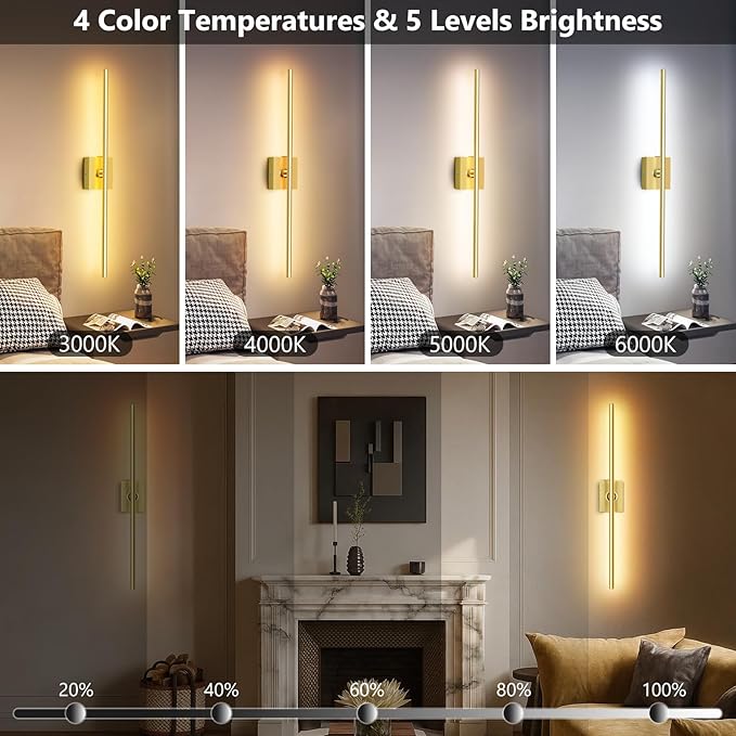 1 Pack Rechargeable Wall Sconce - Gold 10000mAh Battery Operated Wall Sconce with Remote and Touch, 31-inch LED Wireless Wall Light, 360° Rotate 4CCT Wall Scone Decor for TV, Bedroom, Living Room