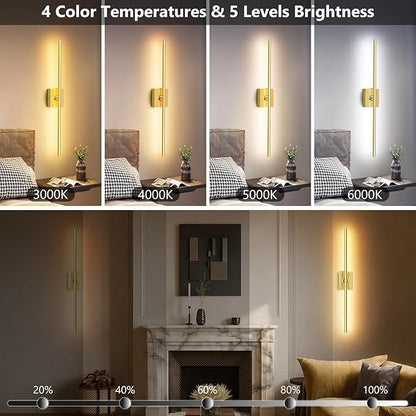 1 Pack Rechargeable Wall Sconce - Gold 10000mAh Battery Operated Wall Sconce with Remote and Touch, 31-inch LED Wireless Wall Light, 360° Rotate 4CCT Wall Scone Decor for TV, Bedroom, Living Room