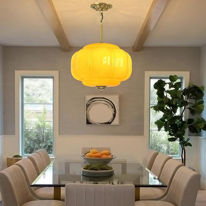 Milk Glass Pendant Light, 15 Inch Yellow Handblown Shade with Antique Brass Hardware, Adjustable Hanging Rod Vintage Chandelier, Dimmable E26 Base Fixture for Kitchen Island, Dining Room, Livingroom