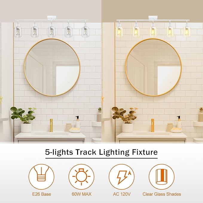 BoostArea White LED 5 Light Track Lighting Kit, 5 Way Ceiling Spot Lighting with Glass Lampshade, Flexibly Rotatable Light Head for Kitchen, Living Room, Bedroom, Bulb Not Included
