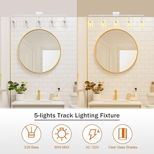 BoostArea White LED 5 Light Track Lighting Kit, 5 Way Ceiling Spot Lighting with Glass Lampshade, Flexibly Rotatable Light Head for Kitchen, Living Room, Bedroom, Bulb Not Included