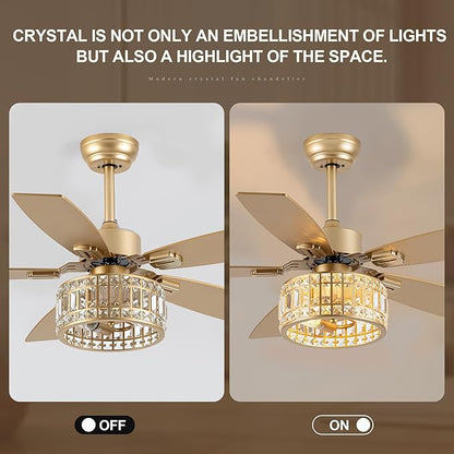 Chandelier Ceiling Fans with Lights and Remote,Caged Ceiling Fan with Light,App 5 Blades E26 Fandelier Ceiling Fans with Lights,Crystal Ceiling Fan for Bedroom,Living Room. (Gold, 42 Inch)