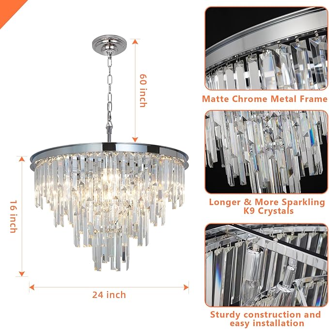24'' Chrome Top K9 Crystal Chandelier Modern Lighting Fixture, 9 Lights Round K9 Crystal Adjustable Hanging Lamp for Dining Room Bedroom Living Room,Hallway,Bar,Kitchen