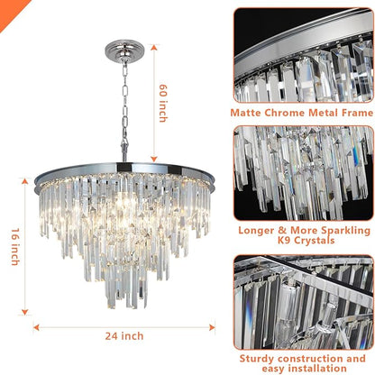 24'' Chrome Top K9 Crystal Chandelier Modern Lighting Fixture, 9 Lights Round K9 Crystal Adjustable Hanging Lamp for Dining Room Bedroom Living Room,Hallway,Bar,Kitchen