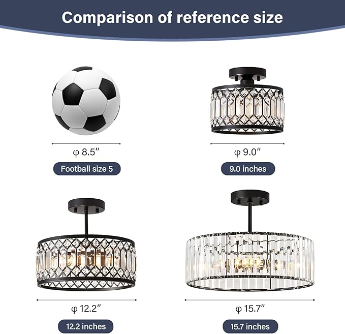 Pevfah Crystal Black Ceiling Light, Modern Semi Flush Mount Ceiling Lighting Fixture, Round Hallway Lighting Fixtures Chandelier for Kitchen Entryway Bedroom Dining Room, 3-Light, 15.7 Inch