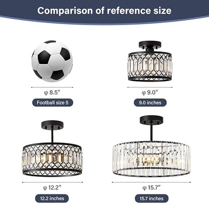 Pevfah Crystal Black Ceiling Light, Modern Semi Flush Mount Ceiling Lighting Fixture, Round Hallway Lighting Fixtures Chandelier for Kitchen Entryway Bedroom Dining Room, 3-Light, 15.7 Inch