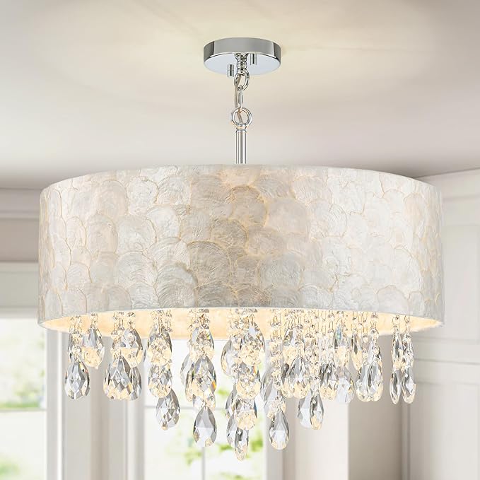 LumFurn X-Large 6-Light Drum Capiz Shell Crystal Chandeliers, Coastal Style Pendant Light Fixture for Dining Room, Living Room, D24 x H23~71 inch(Adjustable), Shell Lampshade & Chrome Finish