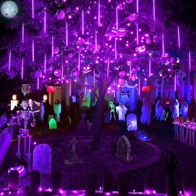 JMEXSUSS 2 Pack Purple Solar Halloween Lights, 16 Tube 288 LED Solar Meteor Shower Rain Lights, Christmas Light Outdoor Waterproof for Tree Halloween Christmas Decorations