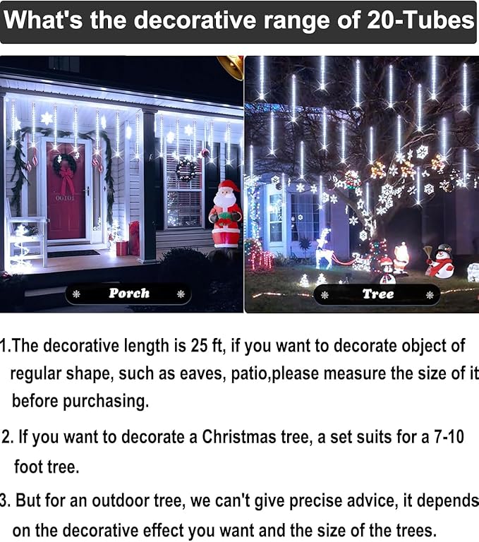 EAGWELL Christmas Lights Outdoor 16 Inch 20 Tubes Meteor Shower Rain Light, Waterproof Falling Icicle String Lighting for Xmas Tree Yard House Decor,Shine White