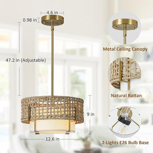 12.6" Rattan Pendant Light, 1-Light Boho Chandelier Light Fixture with Fabric Shade, Wicker Hanging Ceiling Lighting Fixture for Dining Room, Living Room, Kitchen Island, Bedroom, Hallway, Foyer
