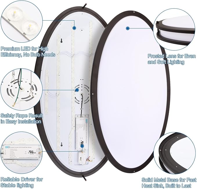 DAKASON 32In Oval LED Flush Mount Ceiling Light for Kitchen, 50W Large LED Ceiling Light Fixture for Living Room, 3000K/4000K/5000K Adjustable, Dimmable Ceiling Lighting for Dining Room/Laundry, ORB