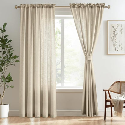 Melodieux Tan Semi Sheer Curtains 72 Inches Long for Bedroom, Living Room Farmhouse Linen Look Shiny Sheer Drapes, Rod Pocket Light Filtering Sheer Curtains, 52" W x 72" L, 2 Panels