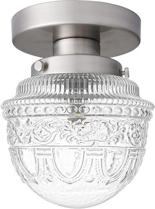 DSMJFU Brushed Nickel Semi Flush Mount Ceiling Light, Small Blowing Clear Glass Shade Ceiling Light Fixtures for Bedroom Closet Bathroom Hallway Kitchen