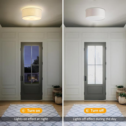 3-Light Semi Flush Mount Ceiling Light Fixture,Round Ceiling Light Fixture for Bedroom,12.6" Modern Close to Ceiling Light with Linen Fabric Drum Shade,Ceiling Lamps for Hallway Living Room