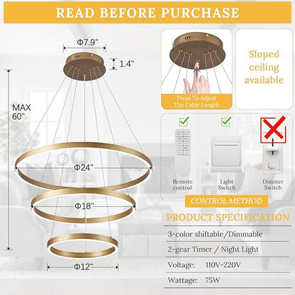 LED 3-Ring Chandelier Gold Dimmable Modern Pendant Light with Remote Control Vintage Brass LED Circle Chandelier for Dining Room Entry Foyer Bedroom Living Room,75W