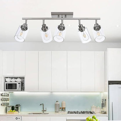 5 Light Multi-Directional Track Lighting Kit Brushed Nickel Kitchen Track Lighting Fixtures Ceiling Vanity Light Fixture with Clear Glass, Modern Rotatable E26 Spotlight for Kitchen Bathroom Hallway