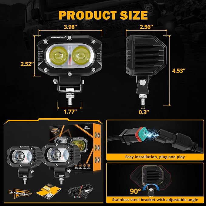 Auxbeam 4 Inch LED Square Pod Light, 60W White Spot Beam Driving Fog Light with DT Wiring Harness for Jeep Wrangler Truck Pickup SUV ATV UTV