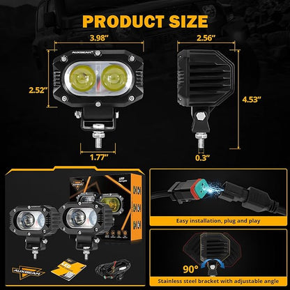 Auxbeam 4 Inch LED Square Pod Light, 60W White Spot Beam Driving Fog Light with DT Wiring Harness for Jeep Wrangler Truck Pickup SUV ATV UTV