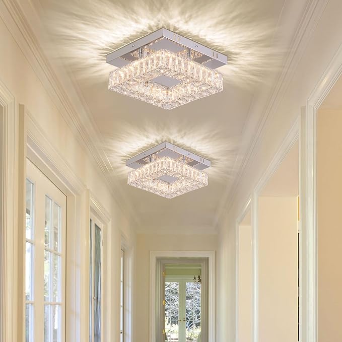 9.8" Modern Mini LED Chandelier Square Crystal Ceiling Light Flush Mount Ceiling Light for Hallway Foyer Kitchen Closet 3000 K Warm White