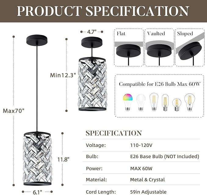 2 Pack Black Crystal Pendant Lights Kitchen Island, Modern Mini Chandelier, Adjustable Hanging Ceiling Light Fixture for Kitchen Dining Room Bedroom Foyer Bar, L6.1 x H11.8