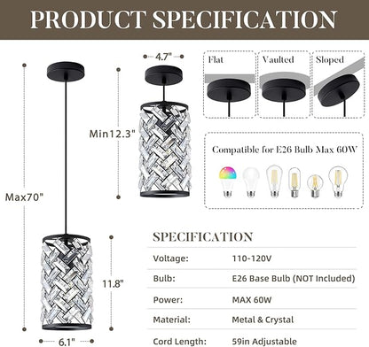 2 Pack Black Crystal Pendant Lights Kitchen Island, Modern Mini Chandelier, Adjustable Hanging Ceiling Light Fixture for Kitchen Dining Room Bedroom Foyer Bar, L6.1 x H11.8