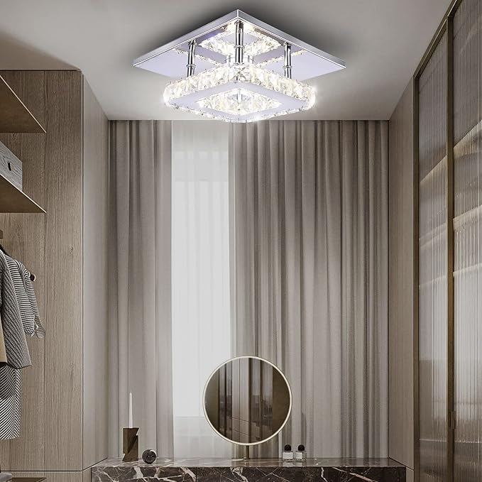Modern Crystal Chandelier 7.9 Inches Led Ceiling Light Mini Square Flush Mount Ceiling Light for Bedrooms Dinning Rooms Hallway(Changeable Color,15W)