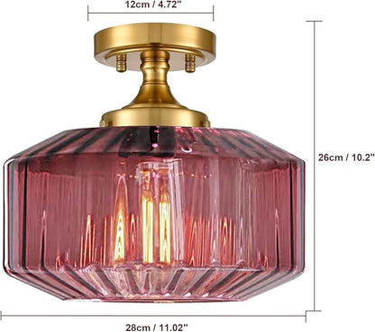 Flush Mount Ceiling Light Fixtures，1-Light Gold Light Fixture with Seeded Purple Glass Shade, 11.02 Inch Industrial Ceiling Lamp for Hallway Foyer Porch