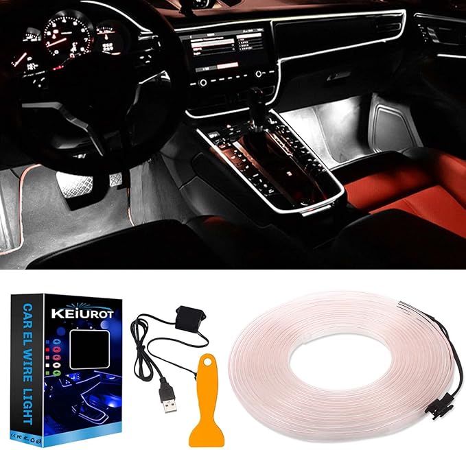 El Wire Lights - White Neon Car Interior Led Strip Light, 16FT/5M USB 5V for Car, Garden, Party Decoration