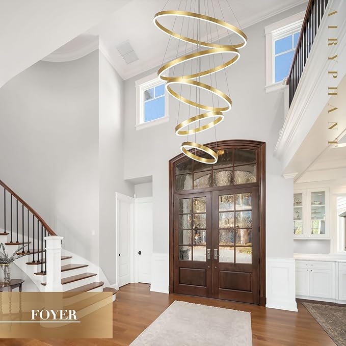 Gold Modern LED Chandeliers 5 Rings Chandelier for High Ceiling 31" Large Foyer Chandelier Entryway Dimmable Pendant Light Fixture for Living Room Staircase, 3000K-6500K
