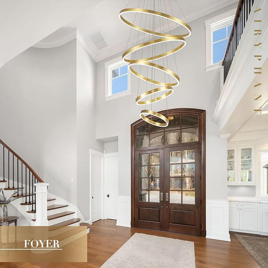 Gold Modern LED Chandeliers 5 Rings Chandelier for High Ceiling 31" Large Foyer Chandelier Entryway Dimmable Pendant Light Fixture for Living Room Staircase, 3000K-6500K